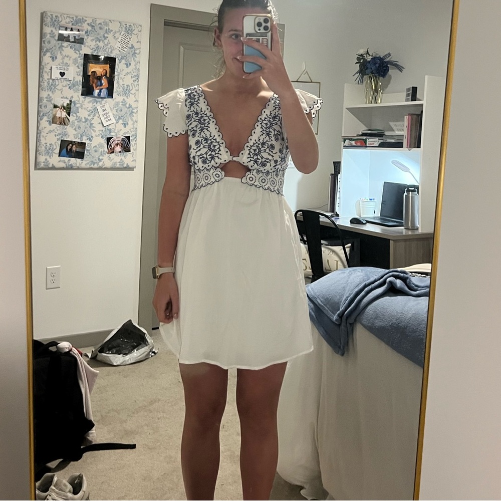White and Blue Lace Mini Dress